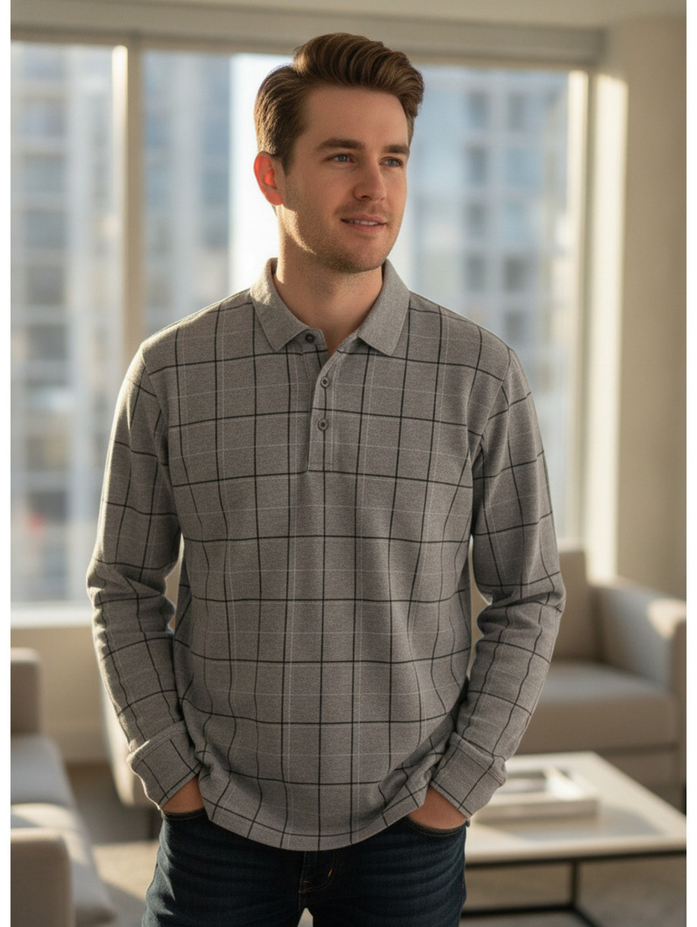 Van Heusen Men’s XXL Long Sleeve Polo Gray Windowpane Plaid Regular Fit